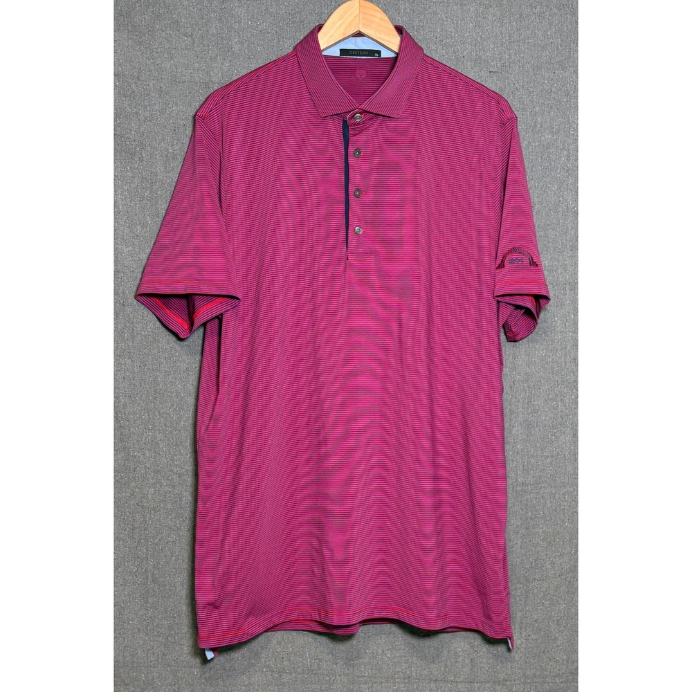 Greyson Clothiers Mens XL Golf Polo Shirt Red Blue Striped 1894 Bridge Logo